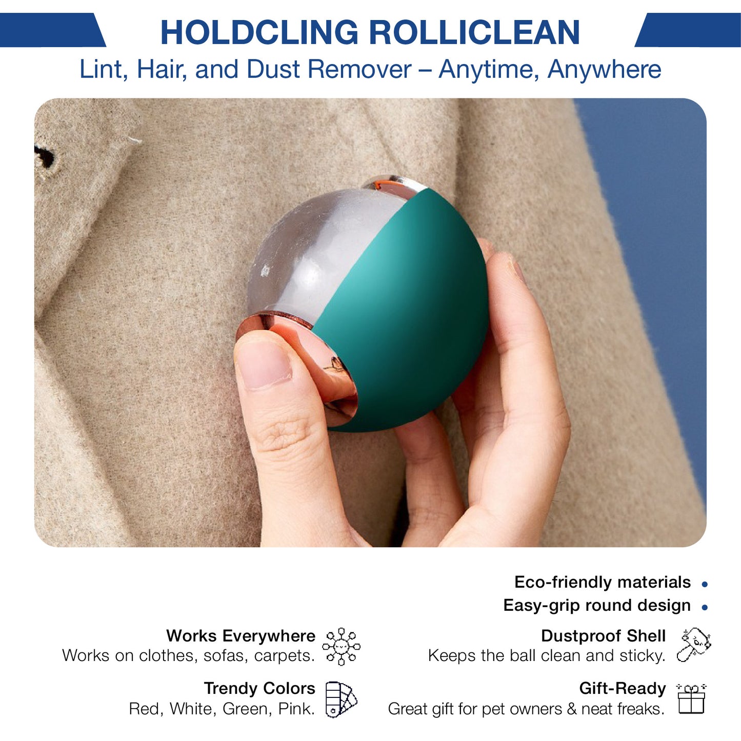 Holdcling™ RolliClean – Portable Pet Hair & Lint Remover Ball